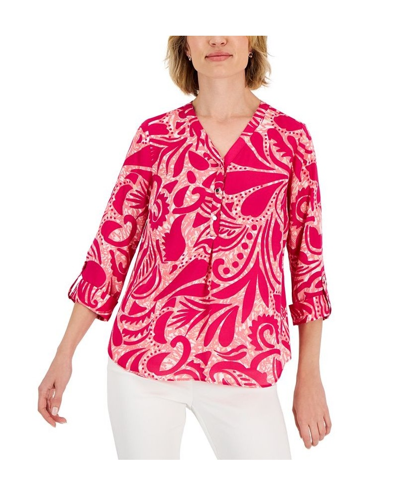 Petite Swirl-Print Roll-Tab-Sleeve Utility Top Pink $10.76 Tops