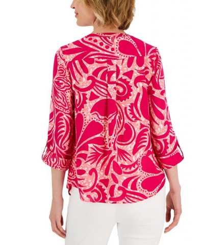 Petite Swirl-Print Roll-Tab-Sleeve Utility Top Pink $10.76 Tops