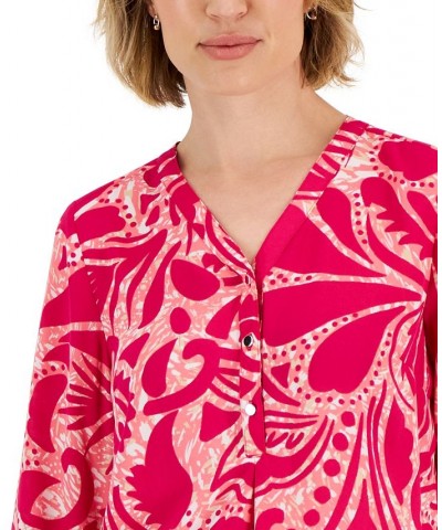 Petite Swirl-Print Roll-Tab-Sleeve Utility Top Pink $10.76 Tops