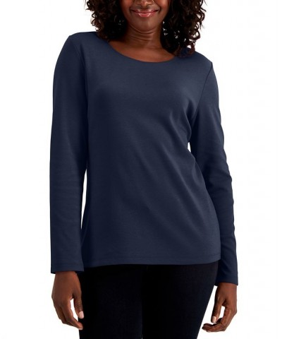 Long Sleeve Cotton Scoop-Neckline Top Blue $10.99 Tops