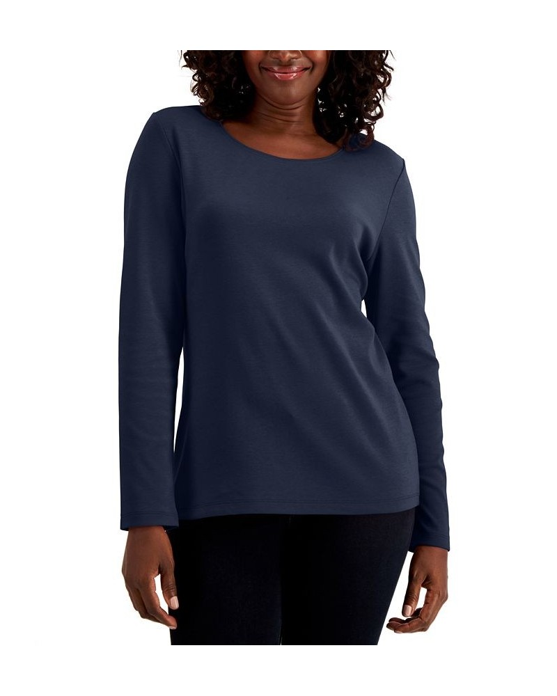 Long Sleeve Cotton Scoop-Neckline Top Blue $10.99 Tops