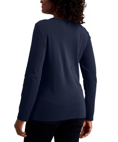 Long Sleeve Cotton Scoop-Neckline Top Blue $10.99 Tops