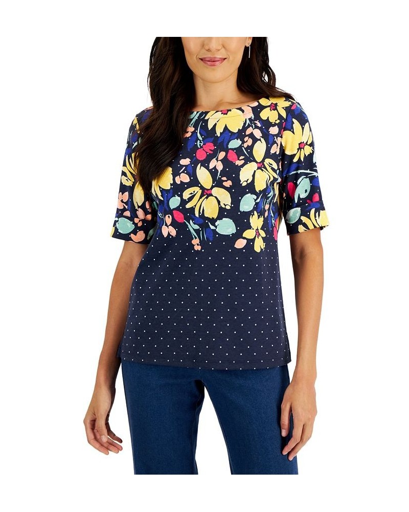 Women's Printed Elbow-Sleeve Boatneck Top Intrepid Blue $11.55 Tops