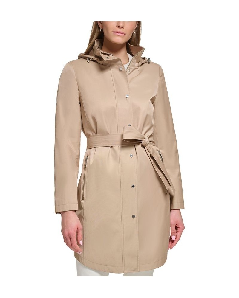 Women's Zip-Front Hooded Belted Raincoat Tan/Beige $49.28 Coats