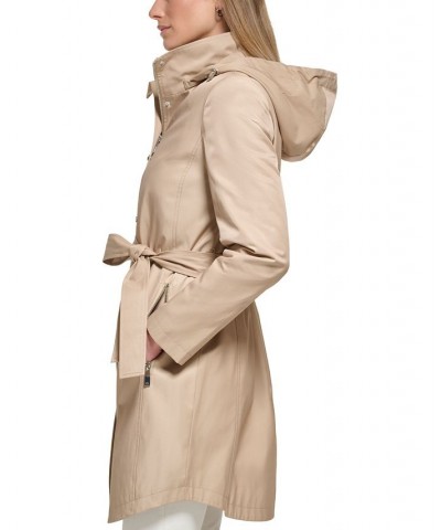 Women's Zip-Front Hooded Belted Raincoat Tan/Beige $49.28 Coats