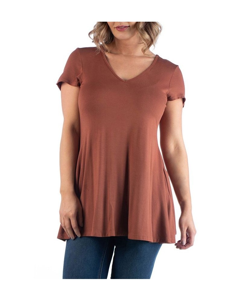 Plus Size Short Sleeve V-neck Tunic T-shirt Brown $28.38 Tops