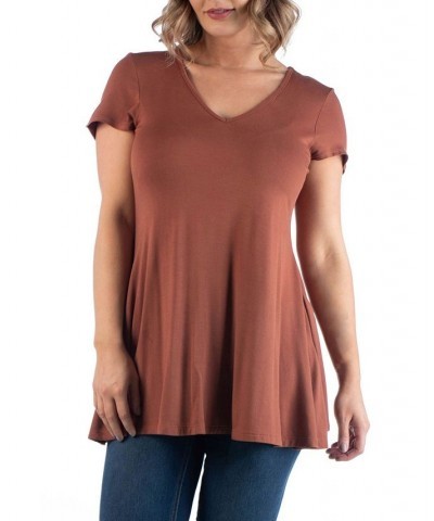 Plus Size Short Sleeve V-neck Tunic T-shirt Brown $28.38 Tops