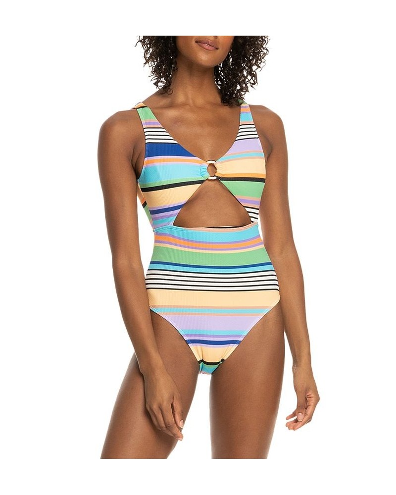 Juniors' Color Jam V-Neck Cutout One-Piece Swimsuit Anthracite Good Vibration Swim $42.00 Swimsuits