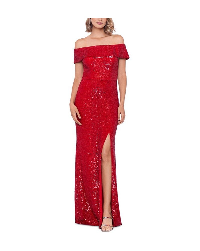 Women's Off-The-Shoulder Slit-Front Sequin Gown Red $78.72 Dresses