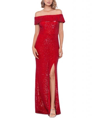 Women's Off-The-Shoulder Slit-Front Sequin Gown Red $78.72 Dresses