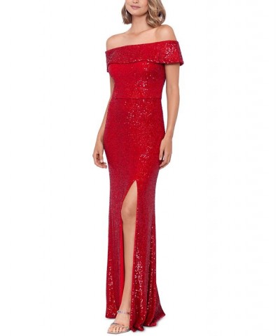 Women's Off-The-Shoulder Slit-Front Sequin Gown Red $78.72 Dresses