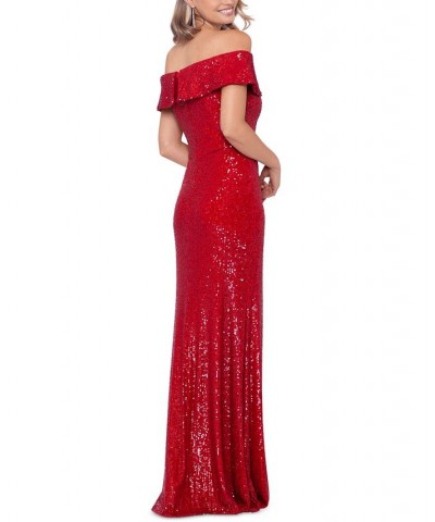 Women's Off-The-Shoulder Slit-Front Sequin Gown Red $78.72 Dresses