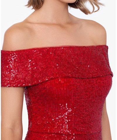 Women's Off-The-Shoulder Slit-Front Sequin Gown Red $78.72 Dresses