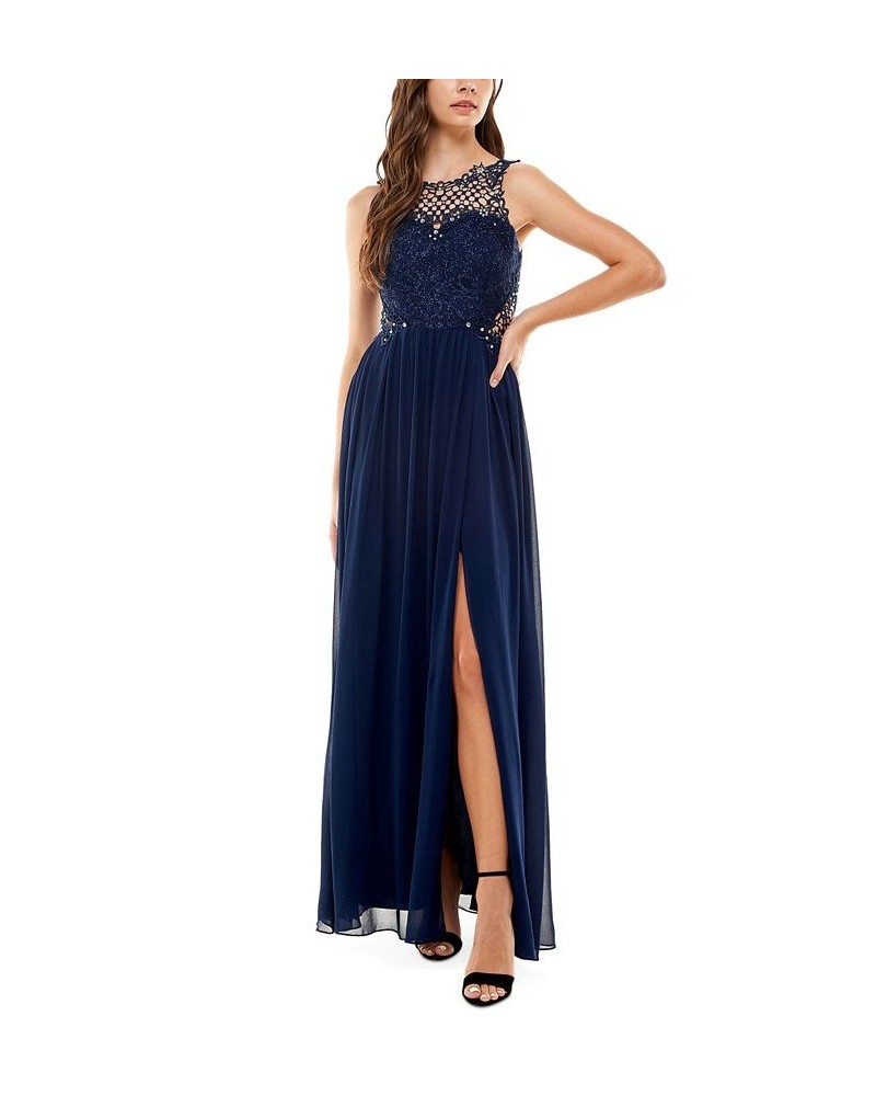 Juniors' Embellished Illusion Tulip Gown Blue $31.05 Dresses