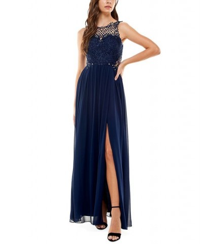 Juniors' Embellished Illusion Tulip Gown Blue $31.05 Dresses