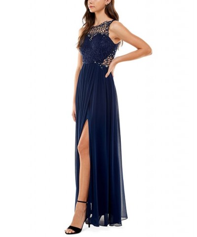 Juniors' Embellished Illusion Tulip Gown Blue $31.05 Dresses