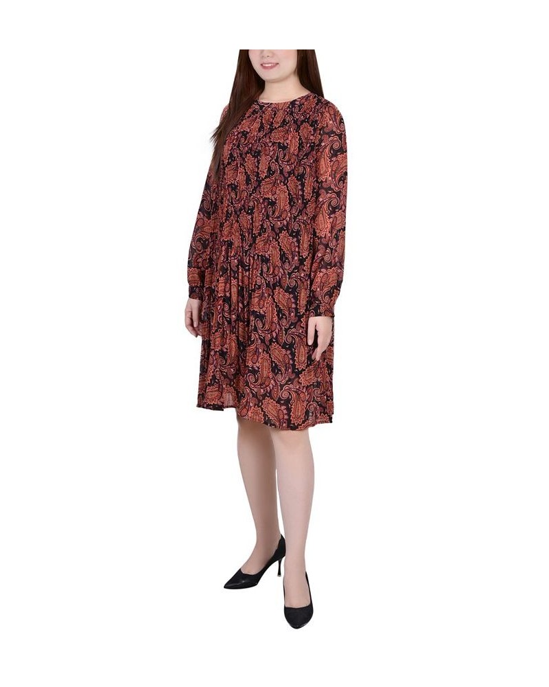 Petite Long Sleeve Pleated Dress Black Paisley $18.72 Dresses