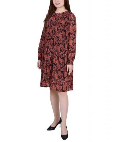 Petite Long Sleeve Pleated Dress Black Paisley $18.72 Dresses