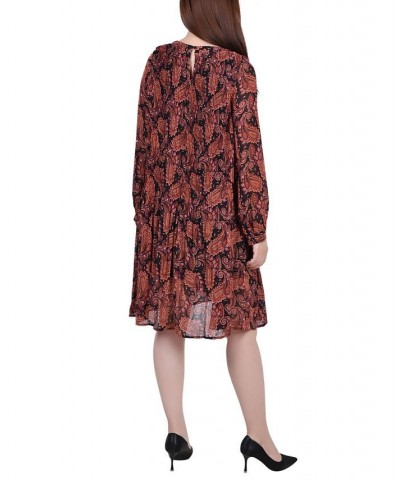 Petite Long Sleeve Pleated Dress Black Paisley $18.72 Dresses