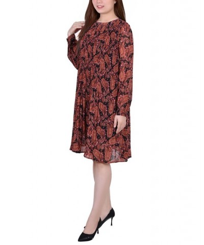 Petite Long Sleeve Pleated Dress Black Paisley $18.72 Dresses