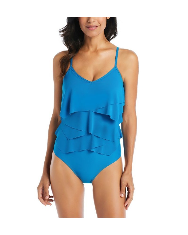 Women's Solid Citizen Tiered One-Piece Swimsuit Blue $63.94 Swimsuits