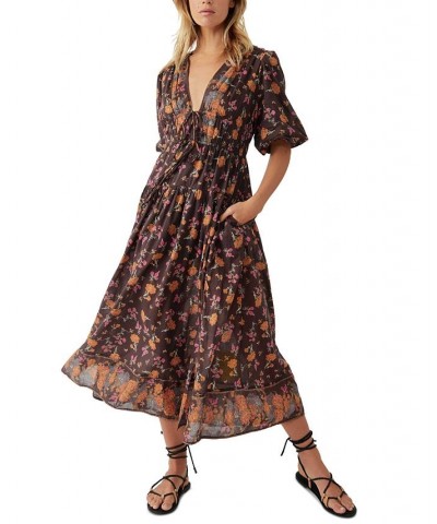 Women's Lysette Puff-Sleeve Midi Dress Brown $64.08 Dresses