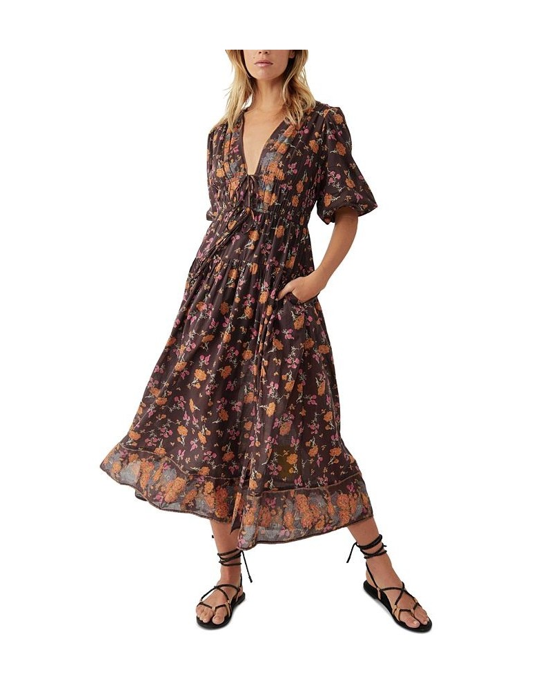 Women's Lysette Puff-Sleeve Midi Dress Brown $64.08 Dresses