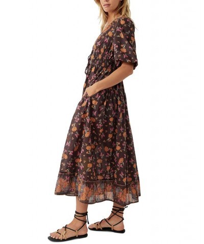 Women's Lysette Puff-Sleeve Midi Dress Brown $64.08 Dresses