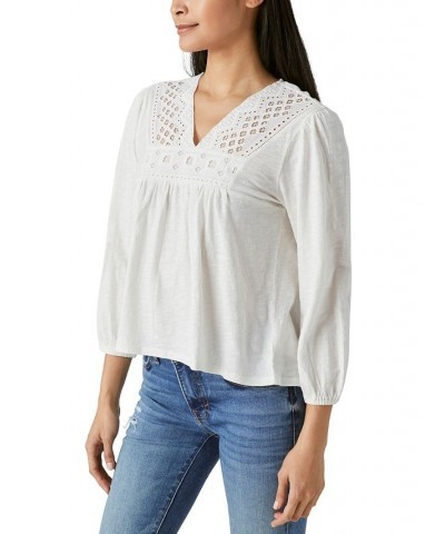 Women's Cotton Embroidered-Bib Top White $42.79 Tops