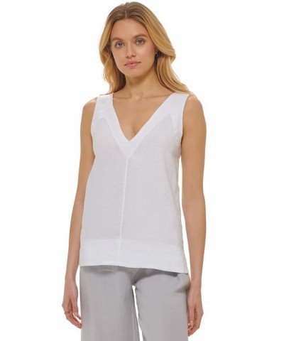 Women's Linen V-Neck Sleeveless Pullover Top White $33.97 Tops