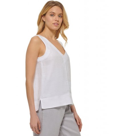 Women's Linen V-Neck Sleeveless Pullover Top White $33.97 Tops