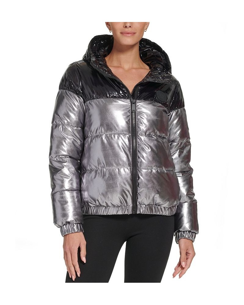 Women's Metallic Colorblocked Hooded Puffer Jacket Pewter $48.88 Jackets