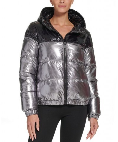 Women's Metallic Colorblocked Hooded Puffer Jacket Pewter $48.88 Jackets