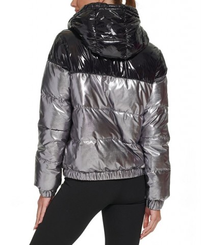 Women's Metallic Colorblocked Hooded Puffer Jacket Pewter $48.88 Jackets