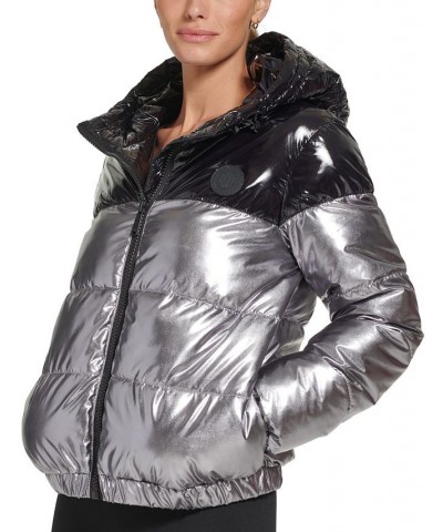 Women's Metallic Colorblocked Hooded Puffer Jacket Pewter $48.88 Jackets