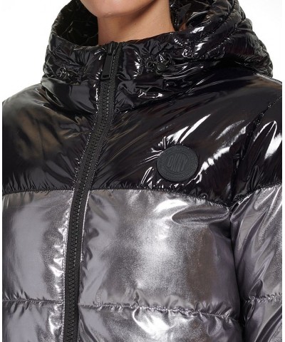 Women's Metallic Colorblocked Hooded Puffer Jacket Pewter $48.88 Jackets