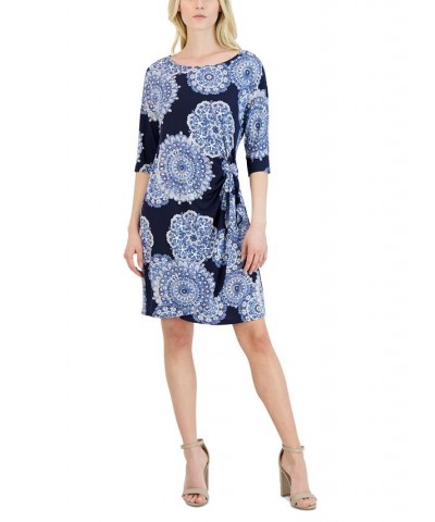 Women's Printed Side-Knot Dress Navy Blue $39.50 Dresses