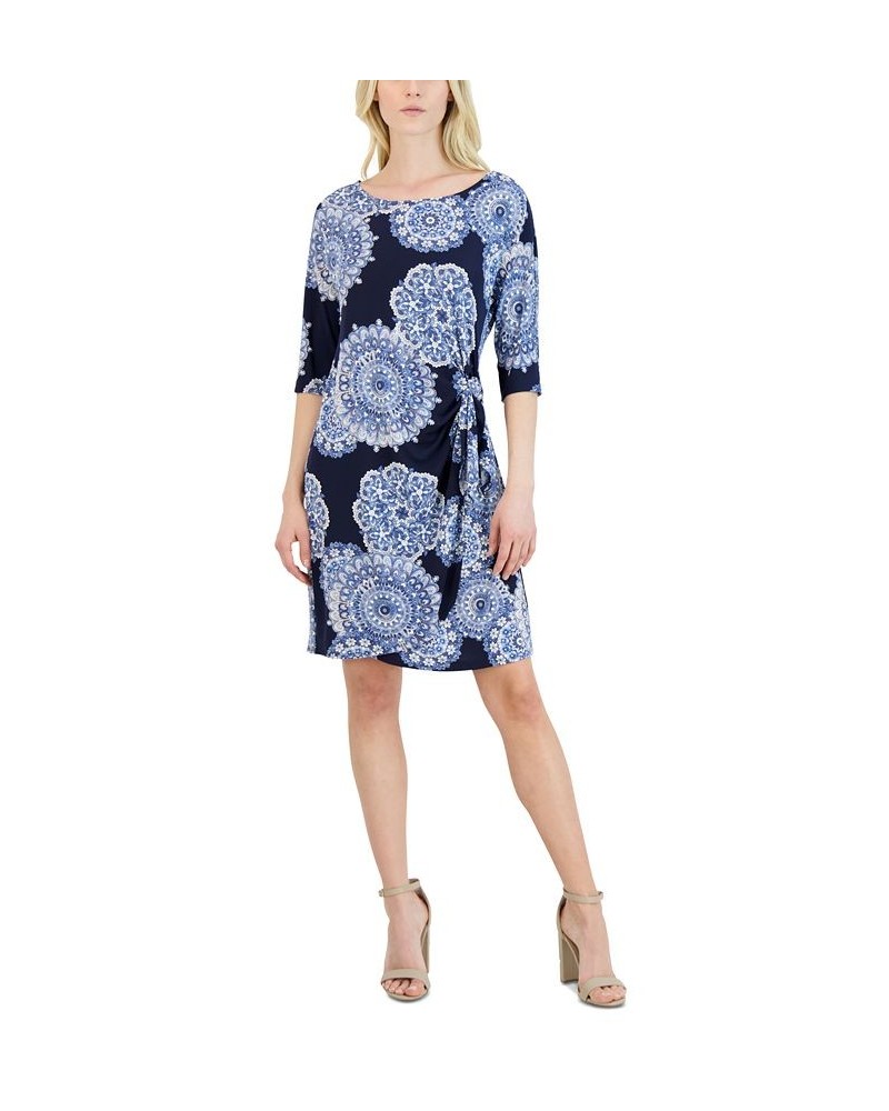 Women's Printed Side-Knot Dress Navy Blue $39.50 Dresses