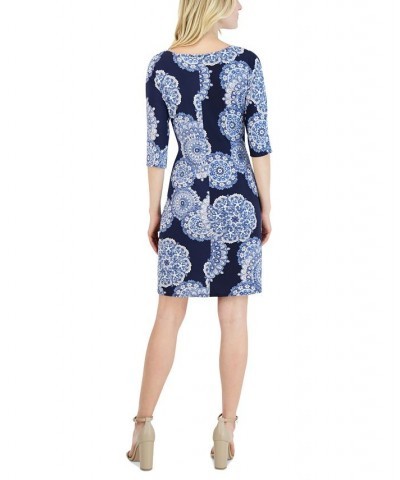 Women's Printed Side-Knot Dress Navy Blue $39.50 Dresses