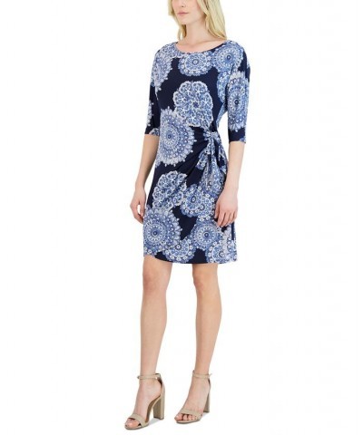 Women's Printed Side-Knot Dress Navy Blue $39.50 Dresses