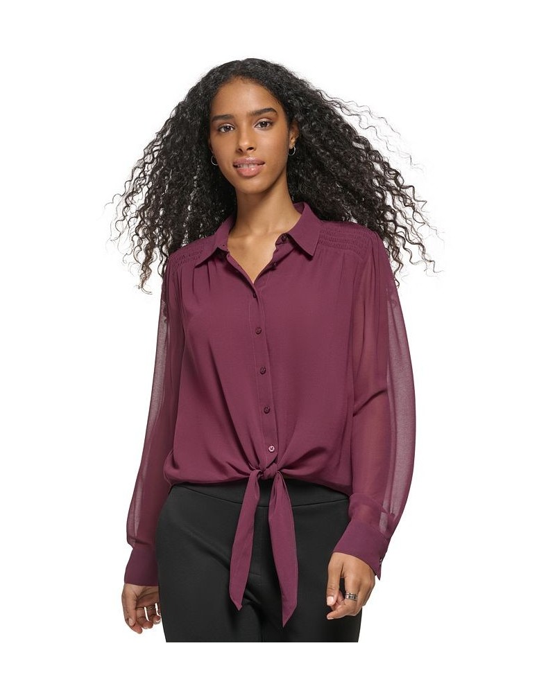 Women's Long Sleeve Tie Front Button Down Blouse Purple $31.85 Tops