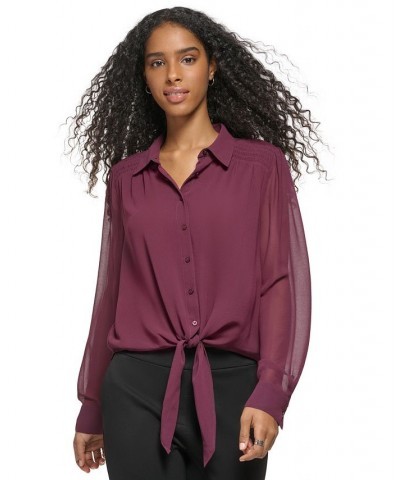 Women's Long Sleeve Tie Front Button Down Blouse Purple $31.85 Tops