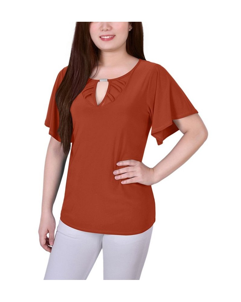 Petite Mesh Flutter Sleeve Knit Top Rooibos Tea $16.20 Tops