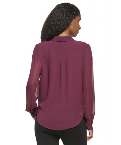 Women's Long Sleeve Tie Front Button Down Blouse Purple $31.85 Tops