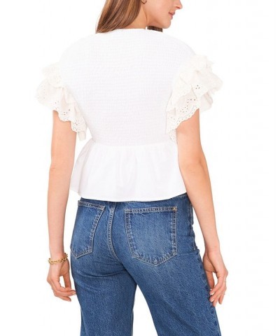 Women's Flutter Sleeve Smocked Top Ultra White $19.05 Tops