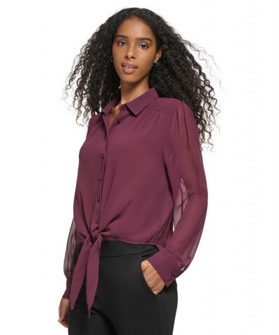 Women's Long Sleeve Tie Front Button Down Blouse Purple $31.85 Tops