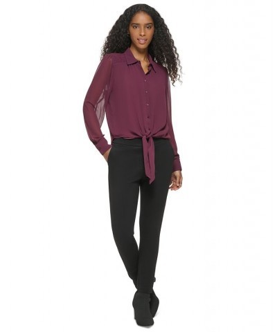 Women's Long Sleeve Tie Front Button Down Blouse Purple $31.85 Tops