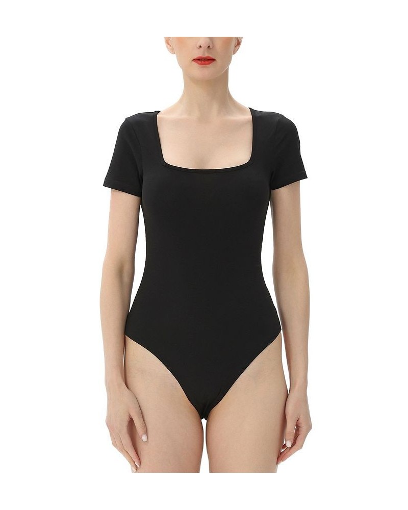 Women's Square Neck Basic Bodysuit Top Black $26.46 Tops