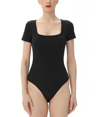 Women's Square Neck Basic Bodysuit Top Black $26.46 Tops