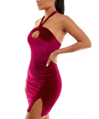 Juniors' Embellished Halter-Neck Velvet Dress Fuschia $19.45 Dresses